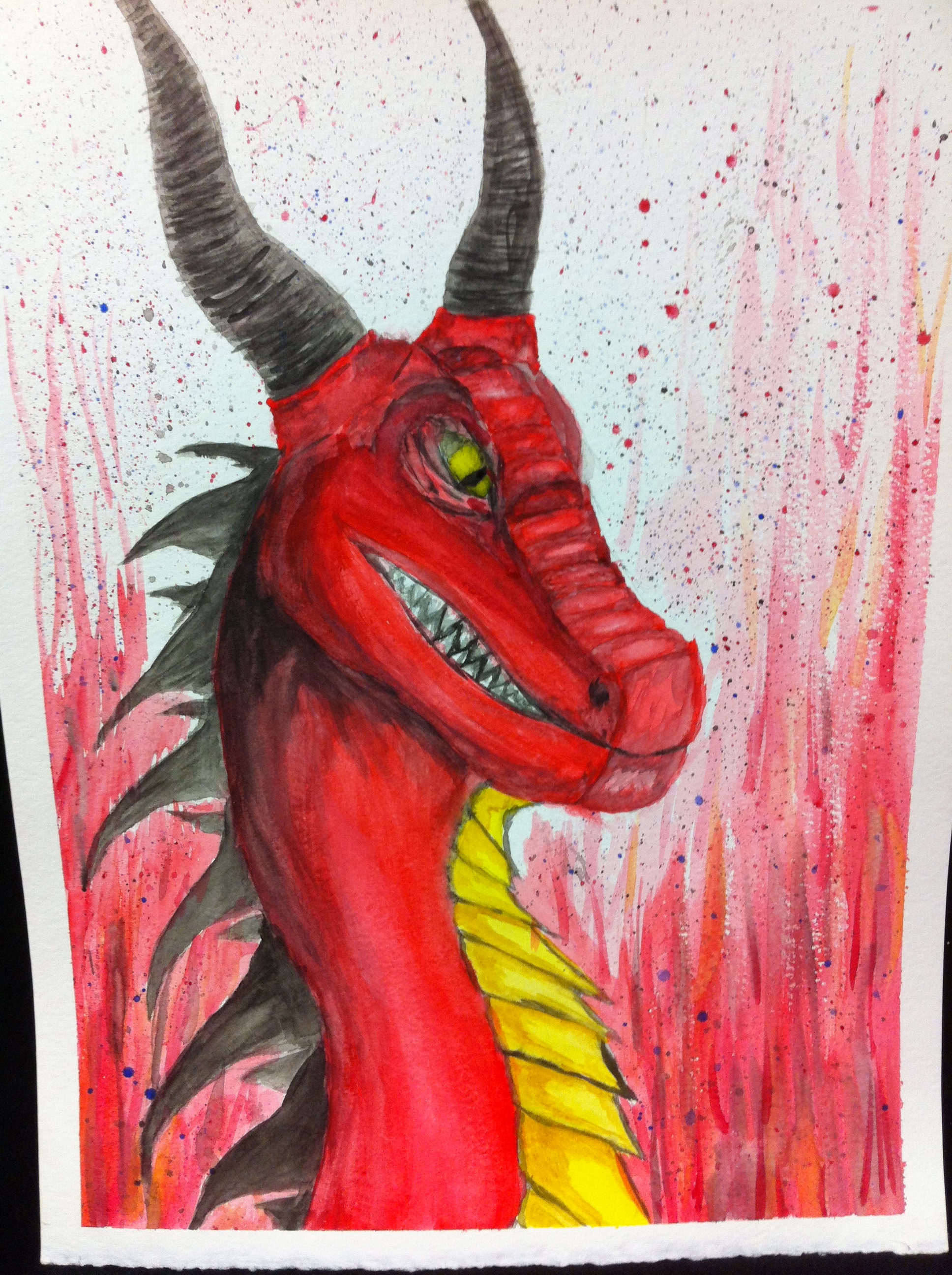 watercolor painting of red dragon